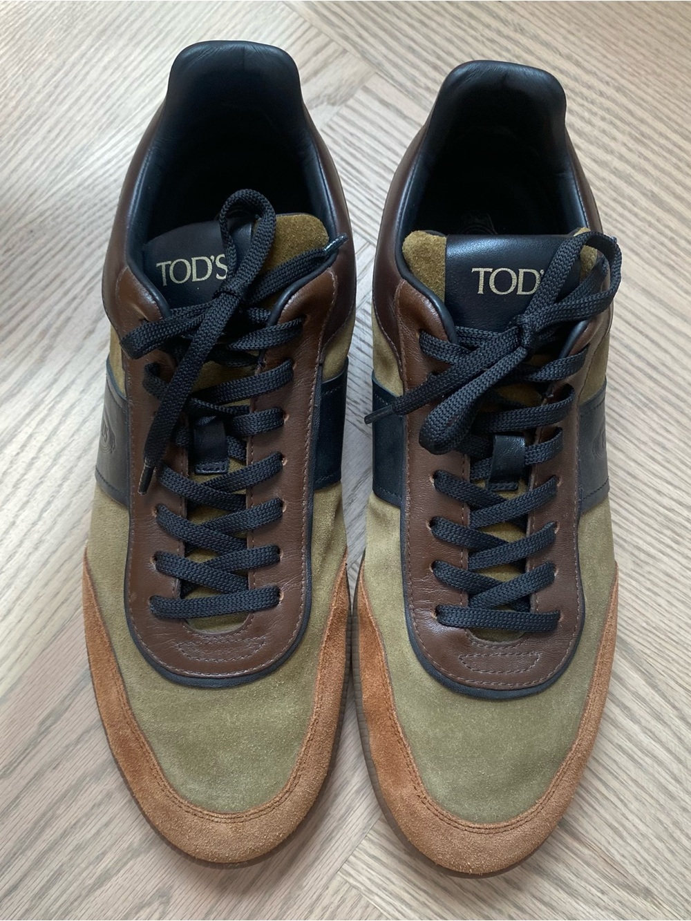 Tod's Olive, Brown & Black Suede and Leather Lace-Up Sneakers